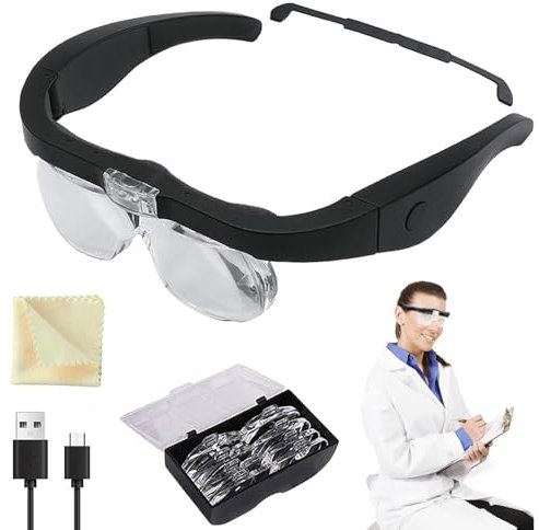 Gafas Lupa con Luz LED, 300% de Aumento, USB Recargable LED con luz de Lupa, 1.0X, 1.5X, 2.0X, 2.5X, 3.5X Manos Libres Lupa Gafas de Cabeza para el Trabajo de Cerca, aficiones, Lectura, artesanía,4 le