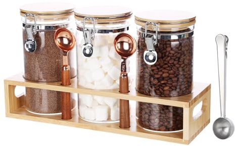 KKC Kaffeebohnen Behälter Glas mit Deckel - Kaffeedose Luftdicht mit Löffel und Regal - Vorratsglas für Kaffeebohnen/Pulver/Kaffeepads/Mehl und Zucker - Kaffee Aufbewahrungsdose 3er Set 1200ml