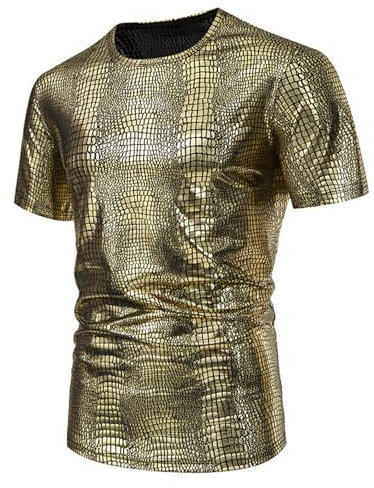 kosopse La Herren Hemd Herren Relaxed Short Sleeve Turndown Sparkles Pailletten Polos Shirts 70er Jahre Disco Nachtclub Party T-Shirts Hemd Kunstleder Herren (a-Gold, L)