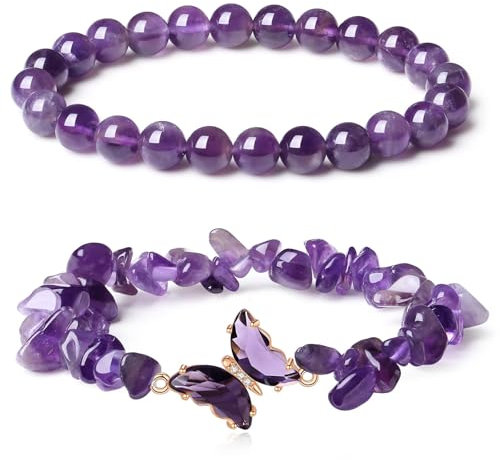GIEEU 2 PCS Heilung Kristall Stein Armbänder, Schmetterling Amethyst Kristall Chip Armband Muster, Energie Heilung Perlen für Frauen