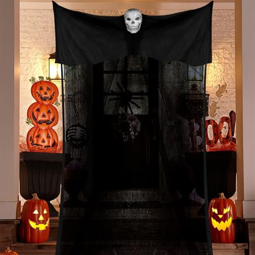 Halloween Hängende Geister-Dekorationen, Halloween Deko Grim Reaper Skelett Türvorhang, 3,8 x1,6M Spukhaus Deko Tür,Gruseligste Outdoor Dekoration zu Halloween, Garten, Haustür Deko