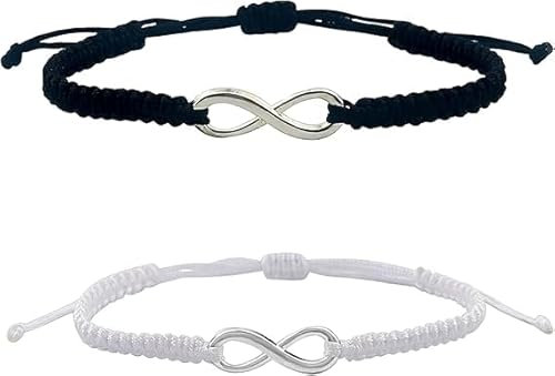 Cncedi 2Pack Infinity Bracelets for Couples Best Friends, Infinity Sign Handmade Rope Braided Bracelets, Black White Adjustable Bracelets for Men Women Friendship Family His and Her