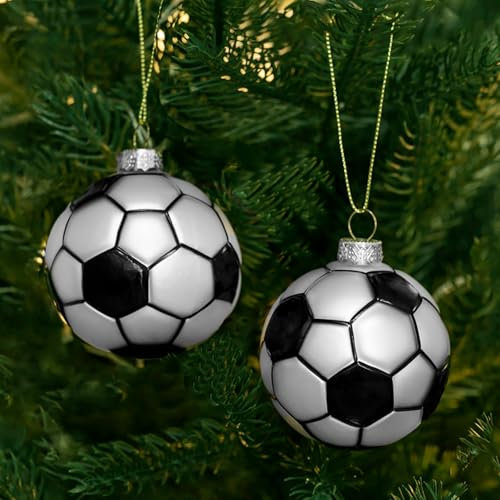 Amanman 2 x Fußball-Weihnachtsschmuck aus geblasenem Glas, Weihnachtsschmuck 2024