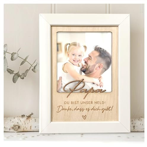 Grandora Bilderrahmen mit persönlicher Gravur für Papa - du bist unser Held Holzbilderrahmen Geschenk für Papa Geburtstag Weihnachten Vatertag XHG1002