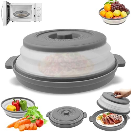 Cyiecw Cubierta Plegable para Microondas 27cm, Cubierta para Microondas sin BPA, Cubierta para Microondas Antisalpicaduras, cesta Filtrante con Agujeros de Vapor para Frutas y Verduras (gris)