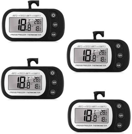 Kühlschrankthermometer Digital, 4 Stück Kühlschrank Thermometer mit Haken & Magnet LCD Anzeige Digitales Kühlschrankthermometer Innen, Gefrierschrank Thermometer Max/Min Funktion - (4 Schwarz)