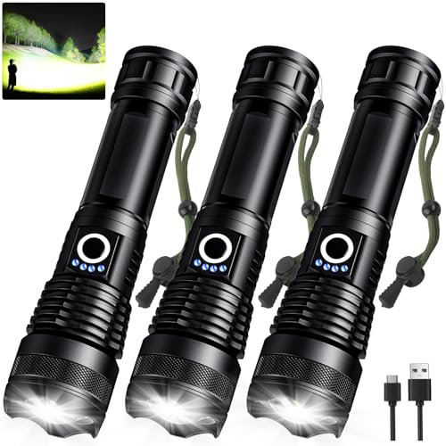 3 Pack Rechargeable LED Flashlights High Lumens, 90,000LM Super Bright Flashlight, Adjustable 5 Modes Powerful Flash Light with USB Cable, Waterproof Handheld Flashlight for Home Camping Emergencies