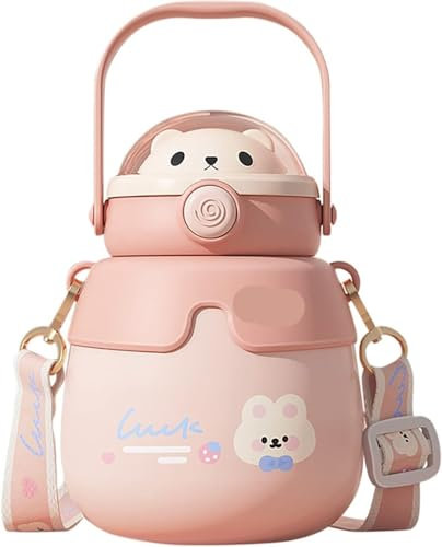 TLTLT Bouteille isotherme Kawaii 600 ml avec paille, gourde isotherme en acier inoxydable avec paille et corde, anti-fuite, idéale for les voyages, la maison ou l'école.