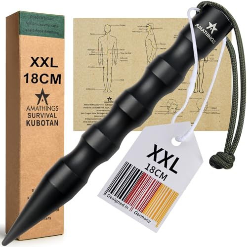 AMATHINGS Survival Kubotan 18 cm XXL in Schwarz Selbstverteidigung Tactical Pen, Schlüsselanhänger Selbstverteidigung Waffen legal, Verteidigungswaffe, Notfallhammer