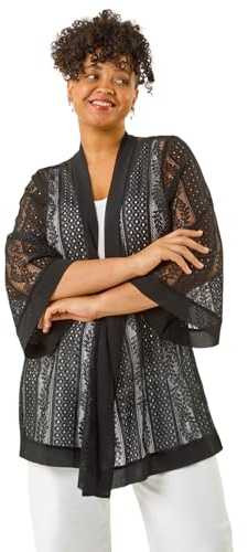 Roman Curve Crochet Knit Cardigan for Women UK - Ladies Everyday Holiday Spring Summer Comfy Soft Evening Vacation Work Party - Black Plus - Size 20