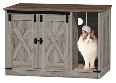 Hzuaneri Maison de Toilette Chat, Meuble Litiere, Meuble à Litière Caché avec Cloche à Chat, Maison D'intérieur pour Chats, 80 x 50 x 53 cm, pour Couloir, Chambre, Marron Rustique et Grège CB82405X