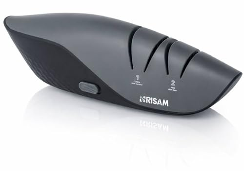 RISAM kitchen Messerschärfer elektrisch – 2-Stufen Schleifsystem – Messer schärfen für Küchenmesser & Keramikmesser – Sichere Anwendung dank Winkelhilfe – Profi Messerschleifer elektrisch (Grau)