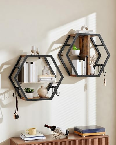CHOEZON Hexagon Floating Shelves, Gaming Shelves, Honeycomb Shelves | Set of 2, Multifunctional, Industrial Hanging Decor Display Shelf with 12 S-Hooks, for Living Room, Rustic Brown DTBJ08BF