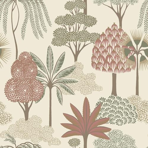 SOPHIE LAURENCE Beige Pink Floral Wallpaper Green Botanical Trees and Leaves Design with Gold Metallic Detail Luxury Nature-Inspired Feature Wall for Living Room, Bedroom, or Lounge Decor 10M x 0.53M