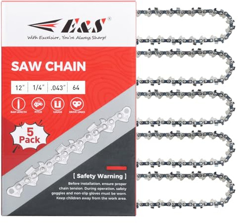 E & S 5 Stück 30,5 cm Sägekette 1/4 Zoll Teilung 0,43 Zoll Gauge 64 Treibglieder Halbmeißel Kettensägeketten für Oregon, Stihl, Husqvarna, Poulan, Craftsman, Greenworks und weitere Kettensägenmarken