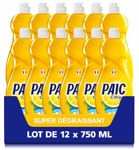 PAIC - Liquide Vaisselle Citron Super Dégraissant - Nettoie - Dégraisse - Élimine Les Mauvaises Odeurs - Lot de 12 x 750 Ml