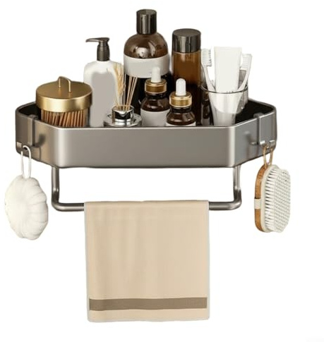 Crabop Étagère d'angle de douche avec ventouses, organiseur de salle de bain en aluminium antirouille avec barre porte-serviettes et crochets, triangle sans perçage (simple couche)