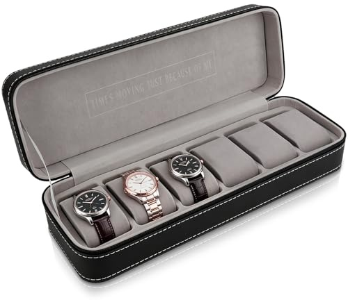 Uhrenbox für Herren, Leder mit 6 Schlitzen, Vitrine Organizer mit weichen, abnehmbaren Uhrenkissen für Männer und Frauen