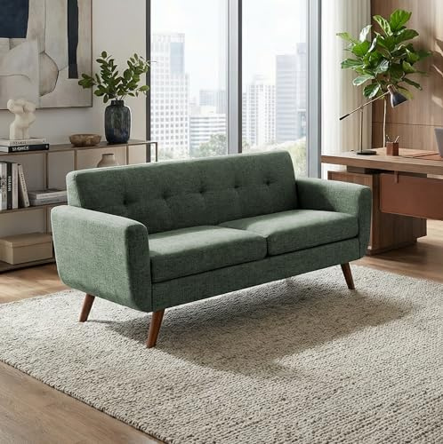 Kingfun Sofa 165 cm 2-Sitzer Modernes Kleines Sofa mit Holzfüßen in Grün, 2 Sitzer Cloud Couch mit Knopfheftung für Wohnzimmer & Schlafzimmer, Kleines Sofa mit 2 Wurfkissen für Büro & Apartment