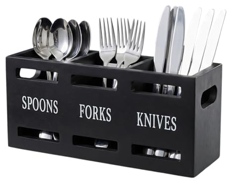 Solvio Wooden Utensil Caddy Organizer - 3-Compartment Cutlery Holder for Kitchen Storage, Large Capacity Flatware Organizer for Forks, Spoons, Knives (Black)