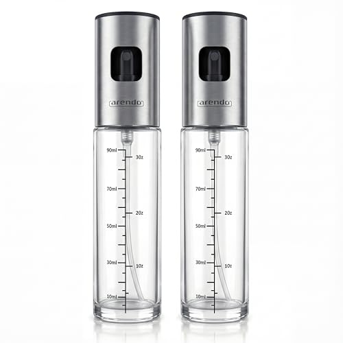 Arendo - 2x Ölsprüher Glas – – transparente Skala bis 90 ml / 3 oz – rutschfester Sprühknopf – für Salat Grillen Backen Kochen Heißluftfritteuse - Glasflasche 100 ml - für Speiseöl aller Art