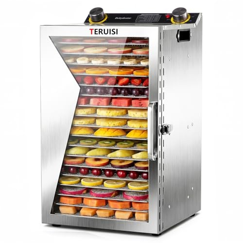 TERUISI Food Dehydrator Machine, 18 Trays Stainless Steel Commercial Food Dehydrated Dryer, 1000W Fruit & Meat Dryer with 12H Timer and 190°F Temperature Control, Dehydrators for Jerky, Herbs, Beef