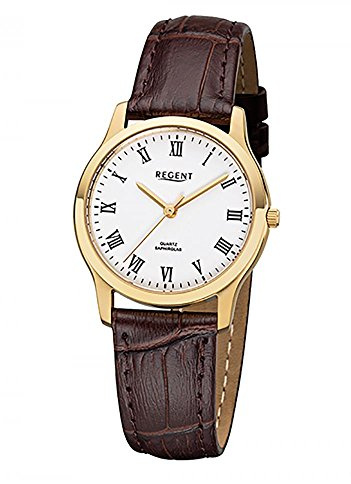 Regent Damenarmbanduhr F1074 Edelstahl goldplattiert mit Leder