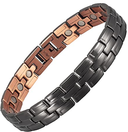 YINOX Magnetisches Armband aus Kupfer für Herren, Gunmetal, mit starken Magneten, 36 Stück, 21 cm/12,5 mm, verstellbar, 21 cm, Kupfer