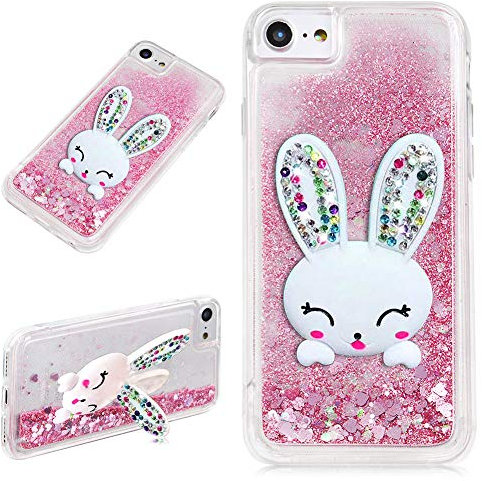 LCHDA iPhone 5 5S SE Liquid Glitter Case Pink With Bunny Ear Sparkle Quicksand Floating Luxury Bling Cute 3D Cartoon Rabbit Kickstand Crystal Silicone Cover Bumper For Girls Women