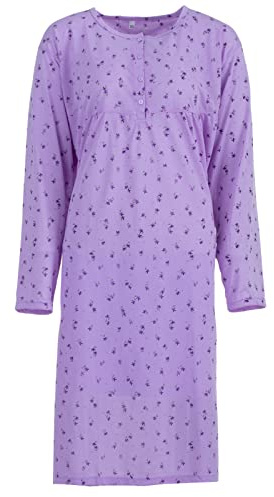 Lucky Nachthemd Damen Langarm Blüten 3XL-6XL Knöpfe Übergröße Baumwolle Schlafshirt, Farbe:Flieder, Größe:6XL