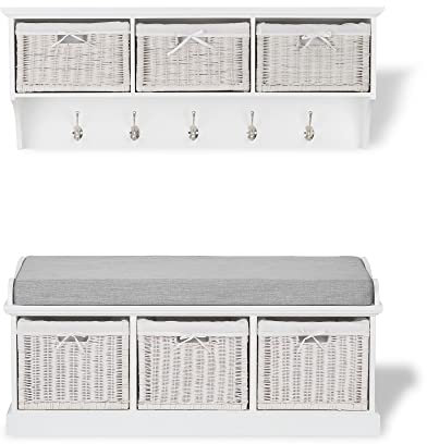 Tetbury White Coat Rack and Bench with grey cushion and 3 white real wicker storage baskets