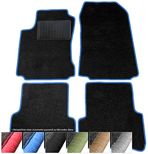 moto-MOLTICO Fußmatten Auto - Velours Autoteppiche passend für Mercedes-Benz A-Klasse W168 lang (2001-2004) - 3-teiliges Set - Schwarze Automatten mit Blauen Ziernähten