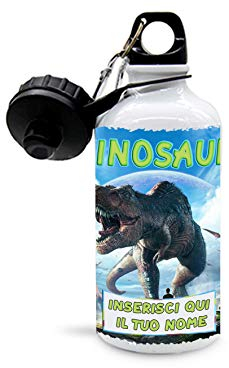 Mr. Gadgets Borraccia in Alluminio con Moschettone e Chiusura Ermetica Priva di sostanze nocive - Capacità 500 ml - Con Grafica Simpatica Dinosauri e Personalizzabile con Nome (Mod. 3 Personalizzato)