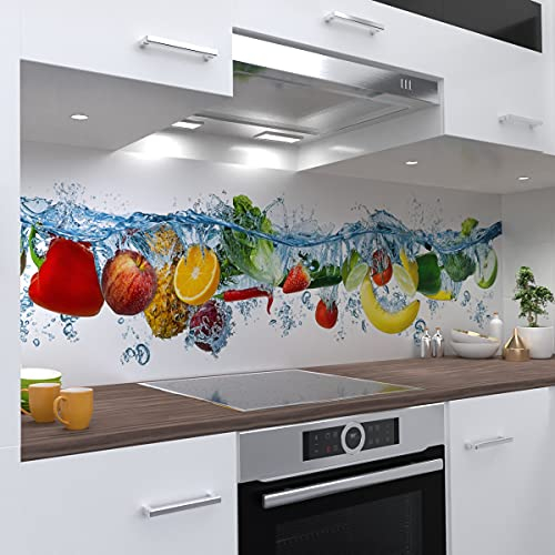 OneWheel, selbstklebende Küchenrückwand, 340x60 cm harte PVC Folie, Wandtattoo für Fliesenspiegel Design Obst Weiss, Motiv: Veggiesplash