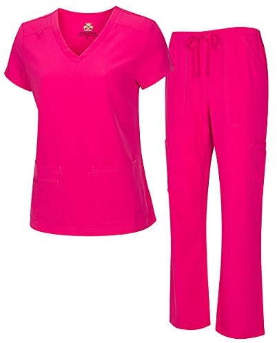 Natural Uniforms Women's Cool Stretch V-Neck Cargo Top and Pant Set 8400-9400 (Hot Pink, Medium)
