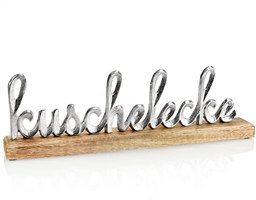 com-four® Deko Aufsteller KUSCHELECKE - Schriftzug aus Metall auf Mangoholz-Sockel - Deko-Schriftzug zum Hinstellen - 40,5x12,5x5cm (silberfarben - KUSCHELECKE)
