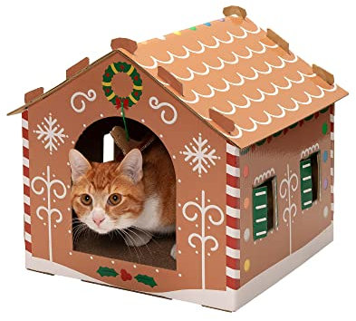 Furhaven Casa de cartón para Gatos con Hierba gatera para Gatos de Interior, Almohadilla para rascar pies y Juguetes Colgantes, casa de Pan de Jengibre Decorada, escondite rascador para Gatos,