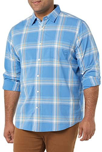 Amazon Essentials Chemise en Popeline Extensible À Manches Longues Et Coupe Standard Homme, Bleu Clair Orange Écossais, XL