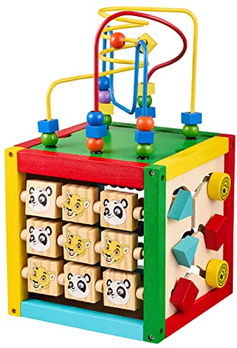 Balinco MOTORIKWÜRFEL „Dschungel“, 5-Seitig, Inkl. Perlen Labyrinth, Abakus, Baustein-Schiebelabyrinth, Tiger Zeiger Uhr, Würfel Baby, Holzspielzeug ab 6 Monate