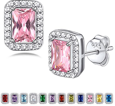 Bestyle Orecchini a Lobo Argento 925 Pietre Portafortuna Ottobre Rosa Tormalina Orecchini con Pietre Rettangolo, Stud Orecchini Donna, Confezione Regalo
