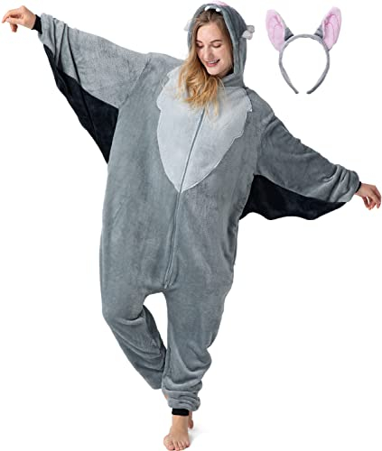 corimori Flauschiges Fledermaus-Kostüm für Erwachsene mit Haarreif | Halloween Kostüm Onesie für Damen, Herren | Körpergröße 150-160cm