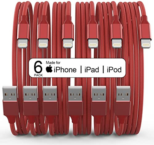 6Pack [Apple MFi Certified] iPhone Charger - 3/3/6/6/6/10 FT Lightning Cable Fast Charging High Speed Data Sync Cord Compatible iPhone 13/13Pro/12Pro Max/12Pro/12/11Pro Max/11Pro/11/XS and More - Red