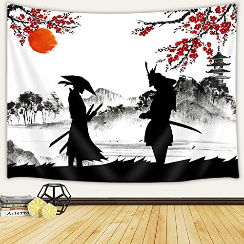 DYNH Tapisserie japonaise samouraï de style japonais à suspendre au mur - Décoration de fête - Décoration de chambre à coucher, salon, dortoir (203 x 152 cm) - Noir
