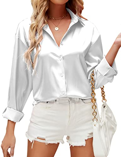 HANERDUN Damen Bluse Langarmshirt V-Ausschnitt Hemd Die Seide Elegant Lässige Oberteile Knopfleiste Arbeit Einfarbig Hemdbluse(White_XL)