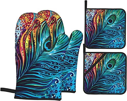Ofenhandschuhe und Topflappen-Sets, 4-teilig, Pfauenfeder zum Bemalen, rutschfeste, hitzebeständige Ofenhandschuhe zum Kochen in der Küche