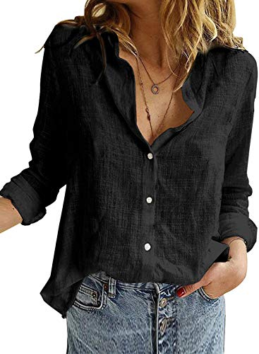 BLENCOT Damen Bluse Langarm Hemden Casual V-Ausschnitt Roll Up Ärmel Button Down Blusen Tops,L,Schwarz