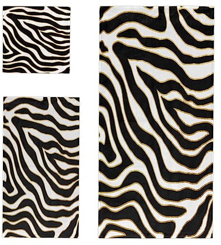 YoCosy 3-teiliges Handtuch-Set, böhmisches schwarzes Tier Zebra Print Badetuch-Sets saugfähige weiche Handtücher für Badezimmer schnell trocknende Baumwoll-Badetücher (enthält 1 Badetuch, 1 Handtuch,