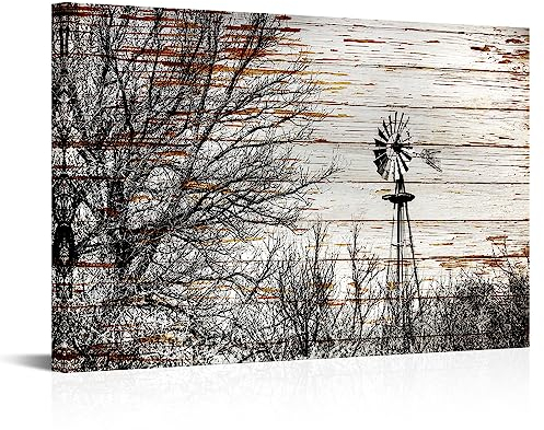 Conipit Bauernhaus-Wandkunst, rustikale Windmühlen-Bilder, schwarz-weißer Baum auf rustikalem Holzhintergrund, Leinwanddruck, gespannt und gerahmt, fertig zum Aufhängen, Heimdekoration (mittel)