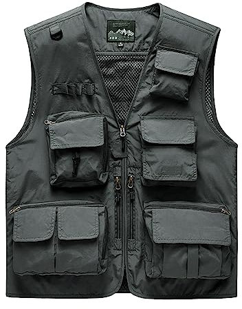 Sukany Men's Leisure Outdoor Work Safari Fishing Travel Cargo Vest Jacket Photo Mesh Waistcoat Multi Pockets Grey L