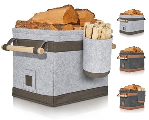 OAKAGE® Holzkorb für Kaminholz Groß mit Zündholzkorb [Schmutzabweisendes Innenfutter und Lederboden] Kaminholzkorb Feuerholzkorb Brennholzkorb Kaminkorb Filzkorb | Korb Hellgrau